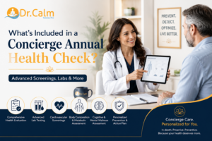 Dr. Calm health concierge banner showing a smiling doctor presenting a tablet to a patient in a clinic setting, with bold text about health checks and services like advanced screenings and labs (concierge care branding in corner).