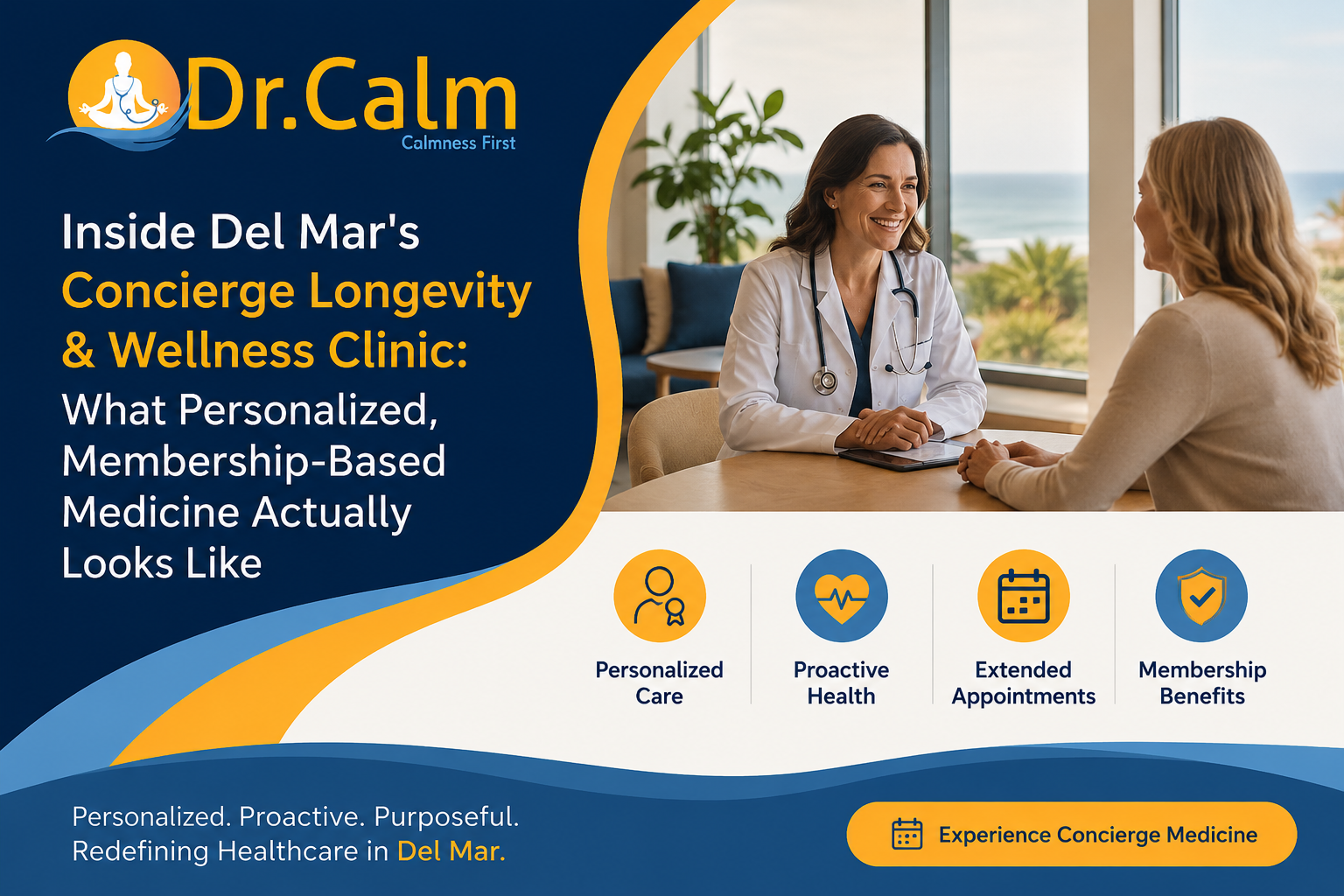 Dr. Calm banner showing a doctor consulting a patient by a window, with blue and orange design and text about a concierge longevity and wellness clinic.
